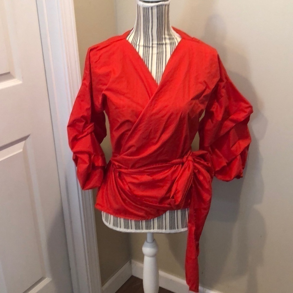 AOMEI Wrap Around Wide Puff Sleeve Red Top Size Large